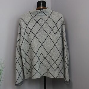 Christian Siriano Sweater Women L Gray Black Argyle Mock Neck‎ Merino Wool Blend